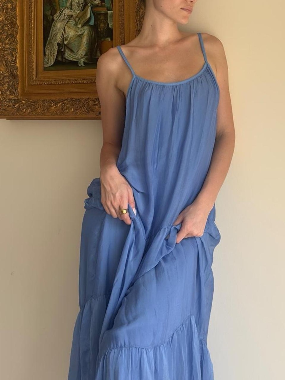 Made in Italy silk Light Blue Spaghetti-Strap Maxi Dress